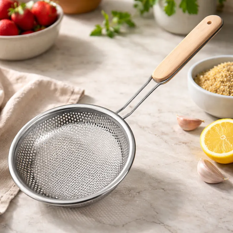 Colador Espumadera Acero Inoxidable Mango Madera Frituras 18cm 6