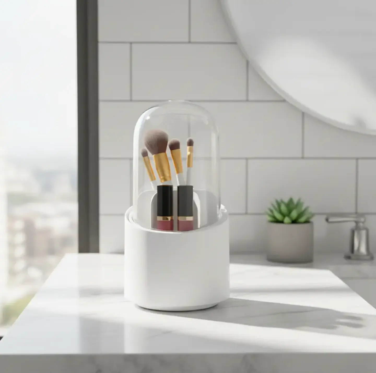 Organizador De Brochas Maquillaje Giratorio Con Tapa Antipolvo 4