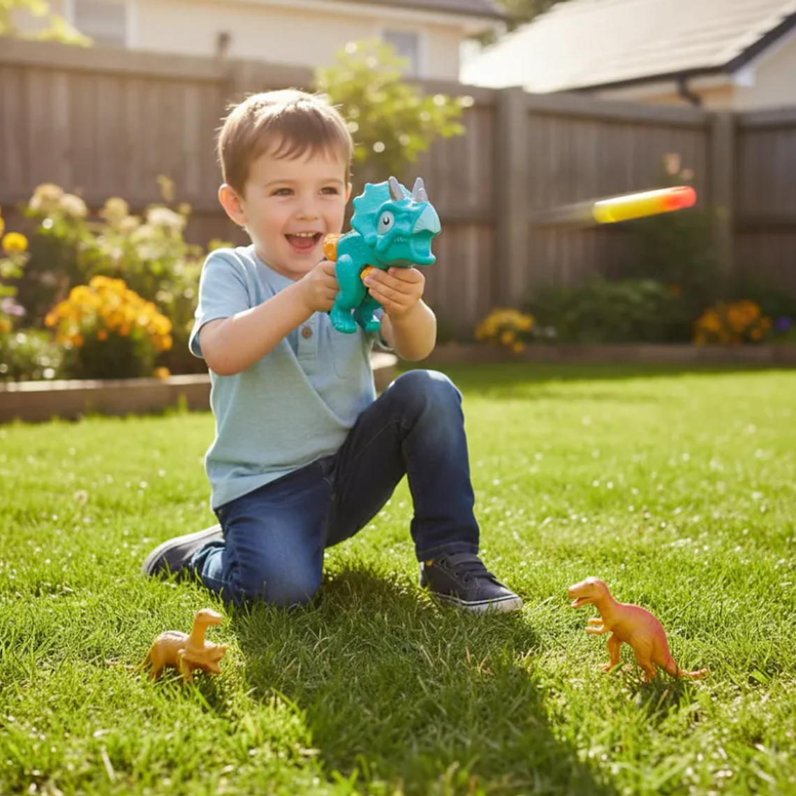 Pistola Lanzador Dinosaurio Triceratops Con Dardos Y Figuras 6
