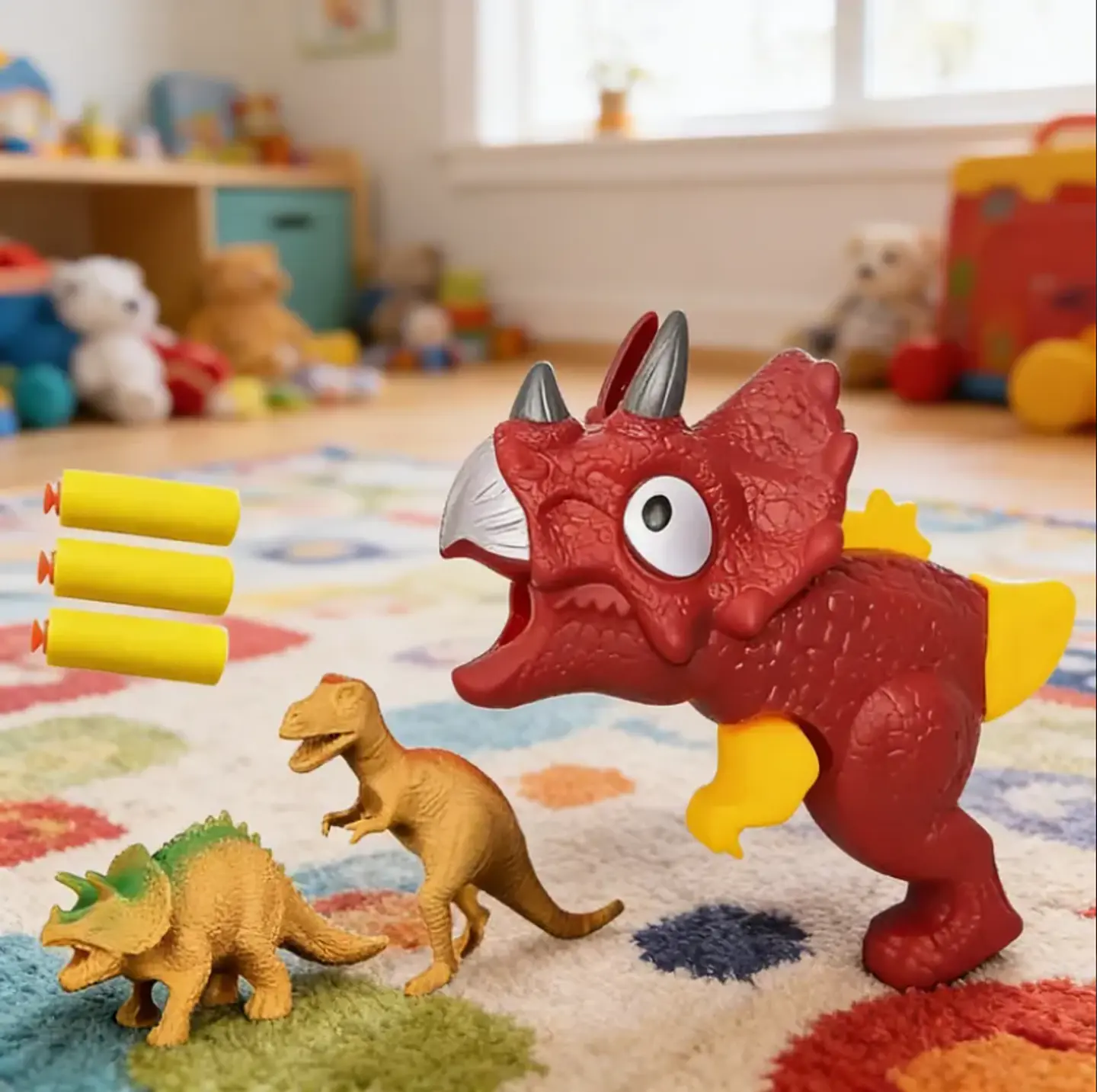 Pistola Lanzador Dinosaurio Triceratops Con Dardos Y Figuras 1