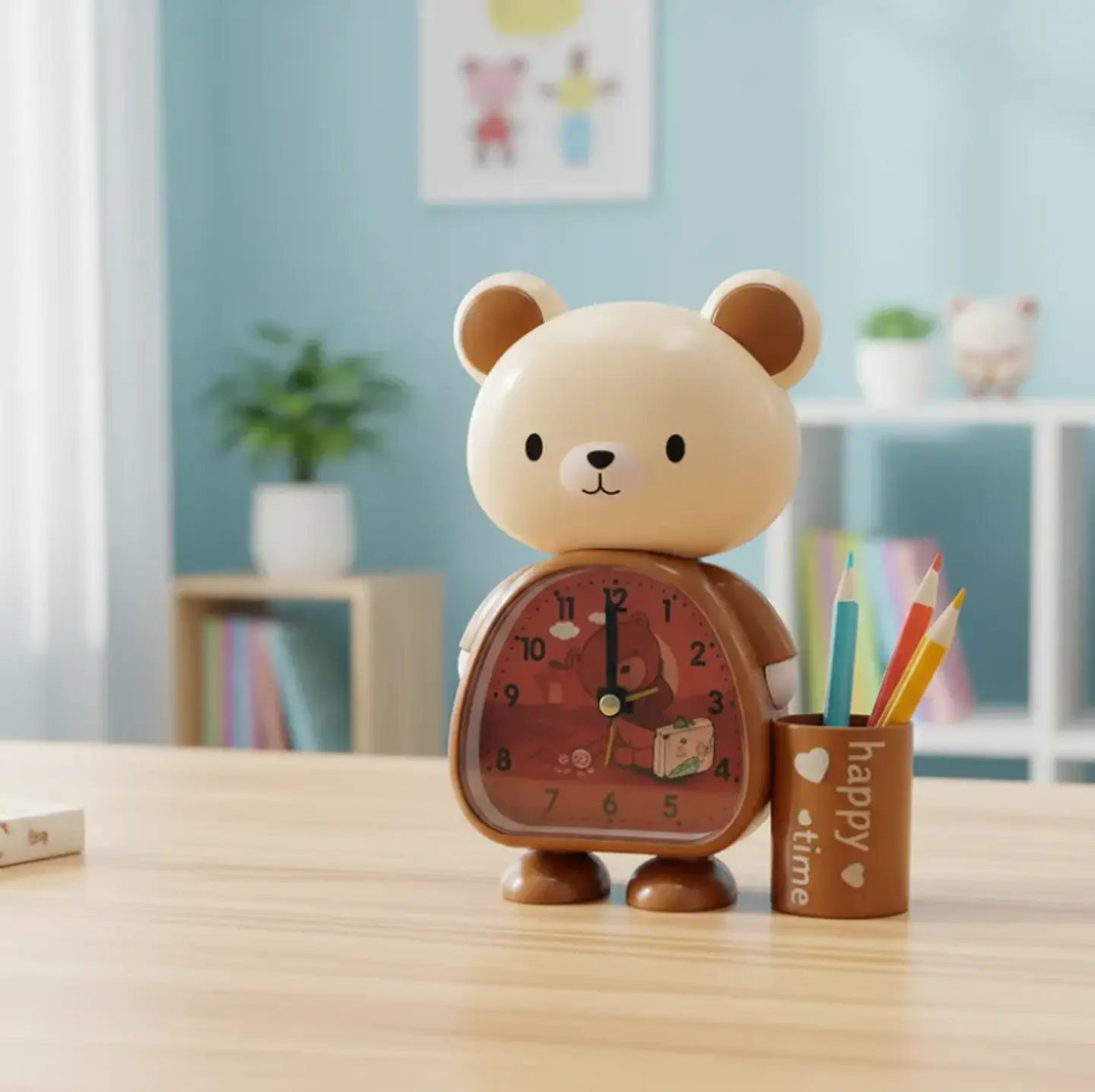 Reloj Despertador Infantil Diseño Oso Con Portalápices 4