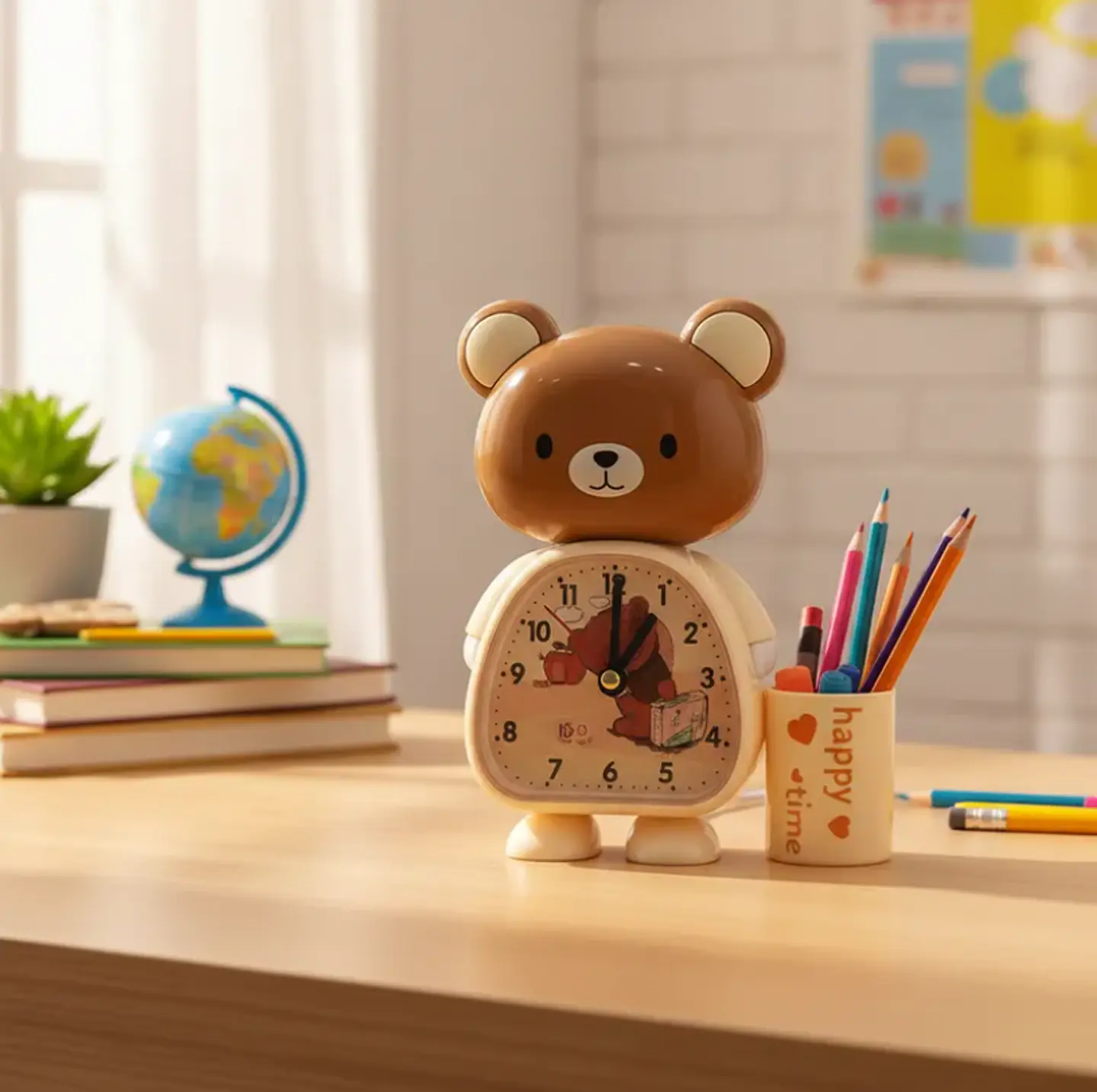 Reloj Despertador Infantil Diseño Oso Con Portalápices 2