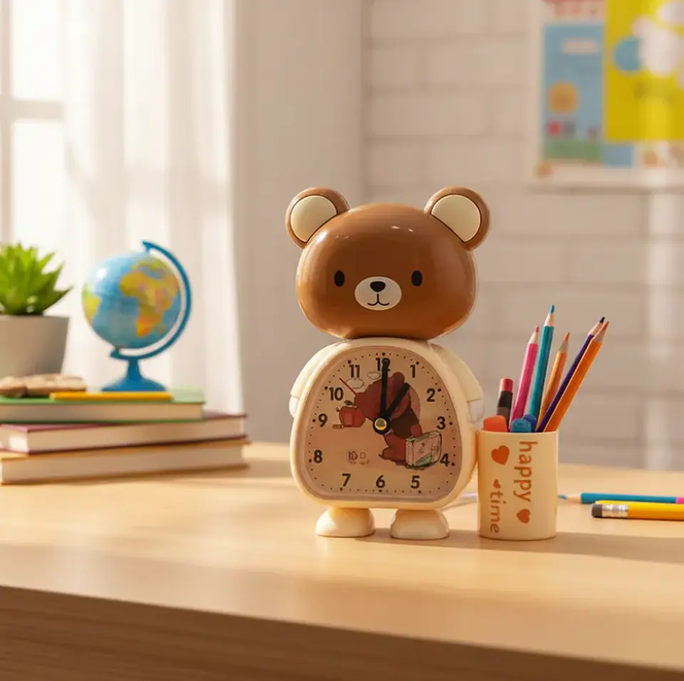 Reloj Despertador Infantil Diseño Oso Con Portalápices 2