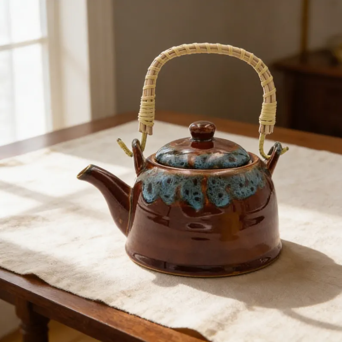 Tetera de Cerámica Esmaltada 600ml con Asa de Bambú 1