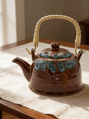 Tetera de Cerámica Esmaltada 600ml con Asa de Bambú