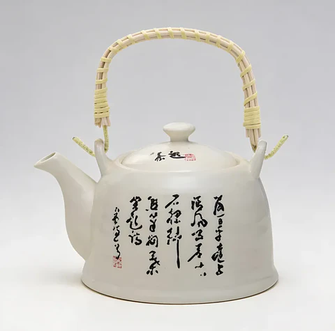 Tetera De Cerámica Estilo Oriental 600ml Con Asa De Bambú