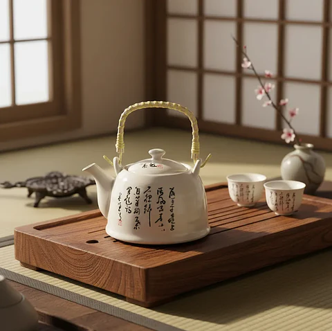 Tetera De Cerámica Estilo Oriental 600ml Con Asa De Bambú