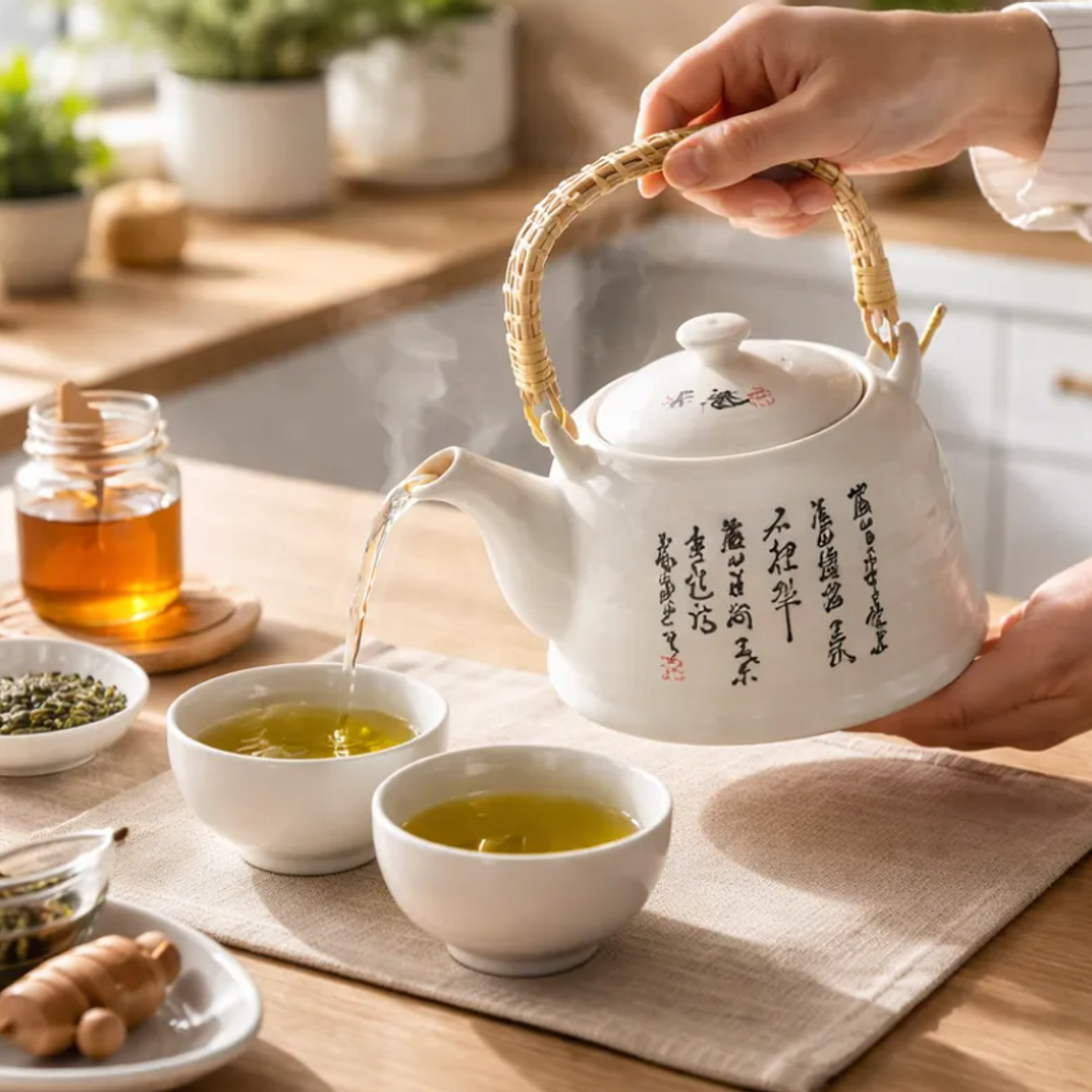 Tetera De Cerámica Estilo Oriental 600ml Con Asa De Bambú 4