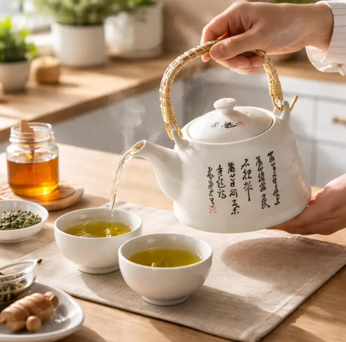 Tetera De Cerámica Estilo Oriental 600ml Con Asa De Bambú 4