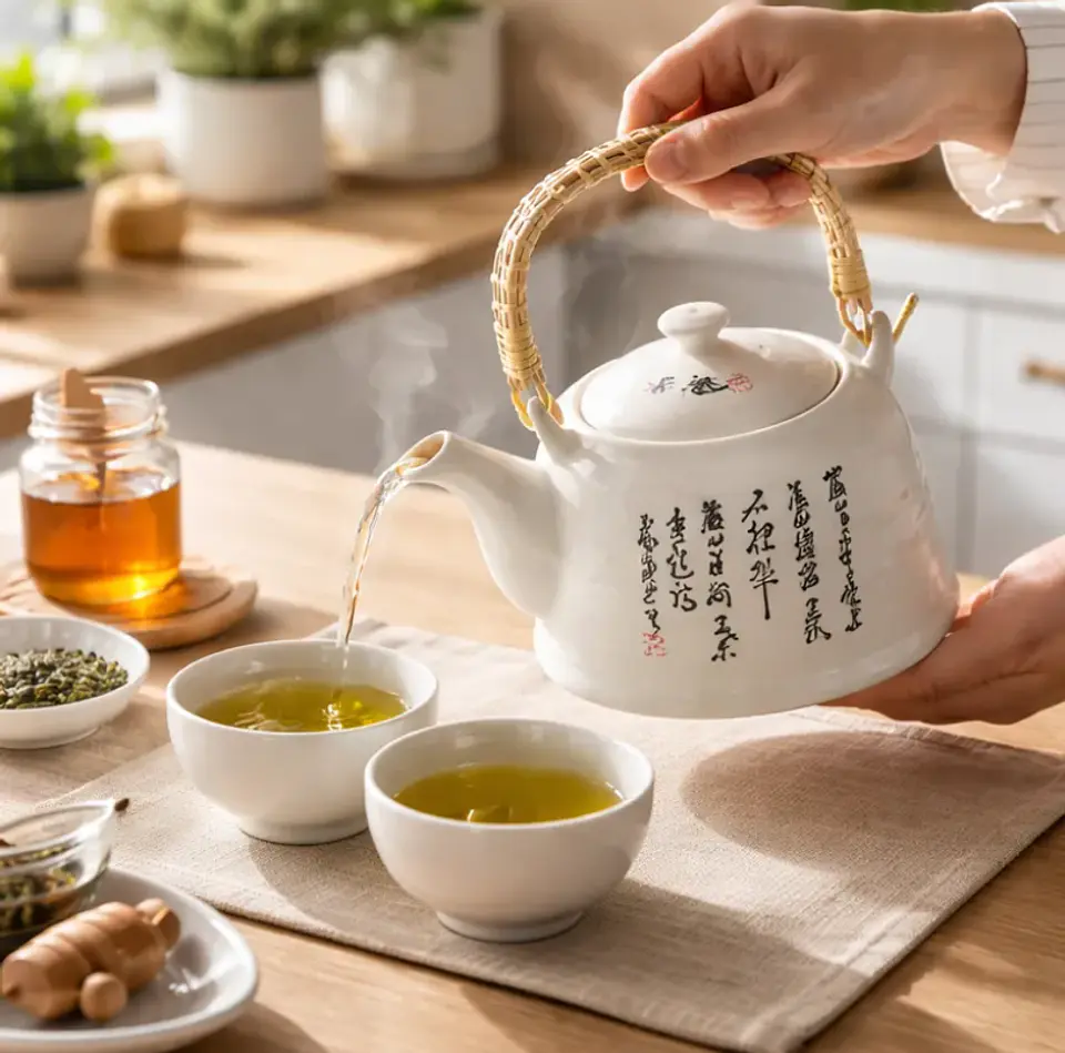 Tetera De Cerámica Estilo Oriental 600ml Con Asa De Bambú 4