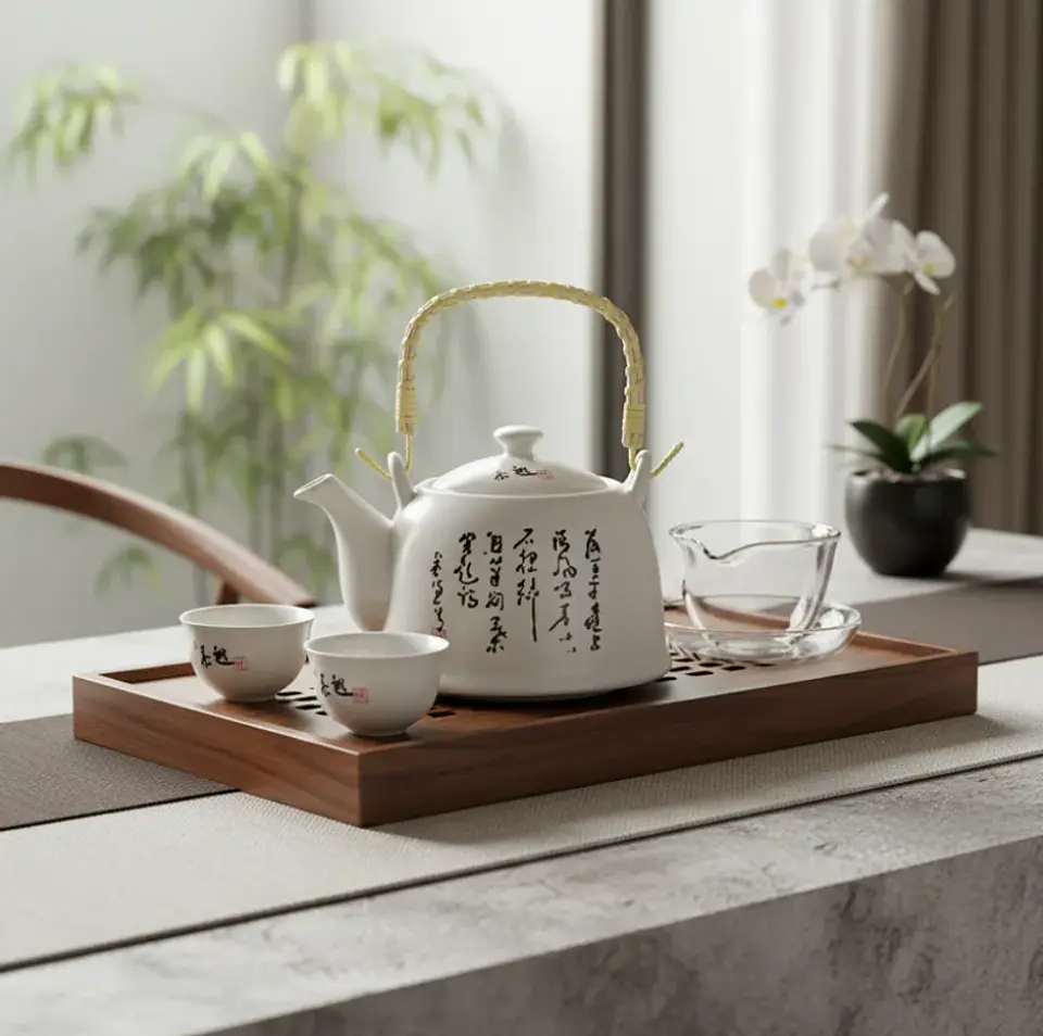 Tetera De Cerámica Estilo Oriental 600ml Con Asa De Bambú 5
