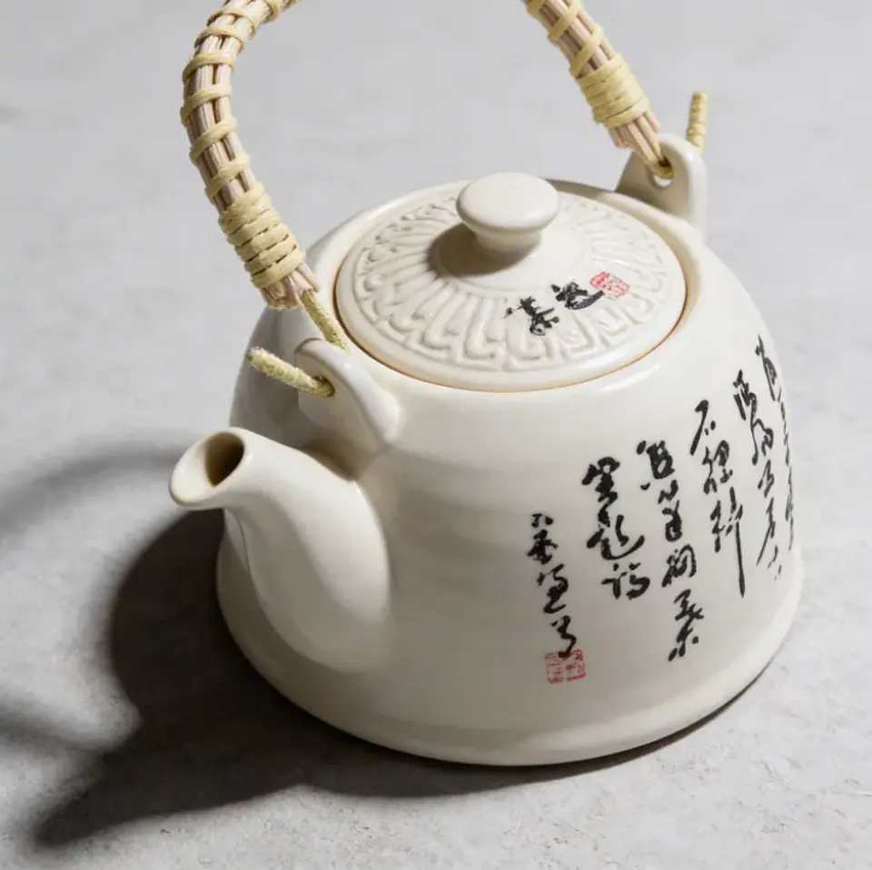 Tetera De Cerámica Estilo Oriental 600ml Con Asa De Bambú 6