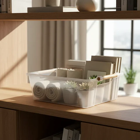 Caja organizadora transparente con asa de madera