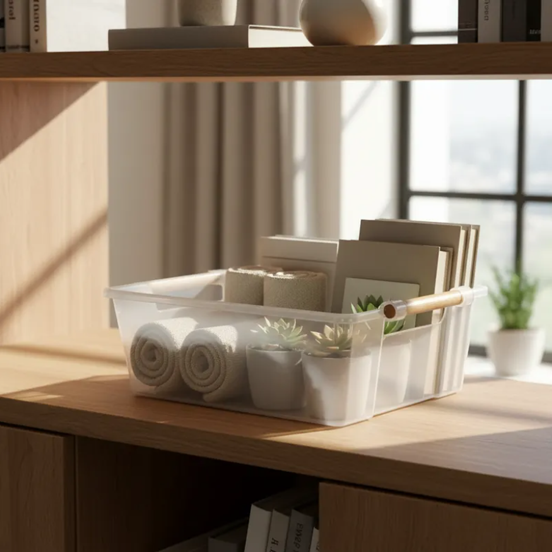 Caja organizadora transparente con asa de madera 2