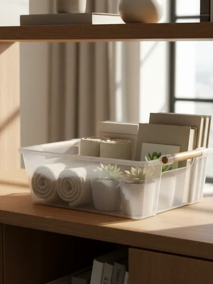 Caja organizadora transparente con asa de madera