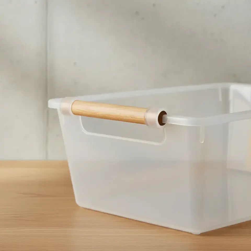 Caja organizadora transparente con asa de madera 4