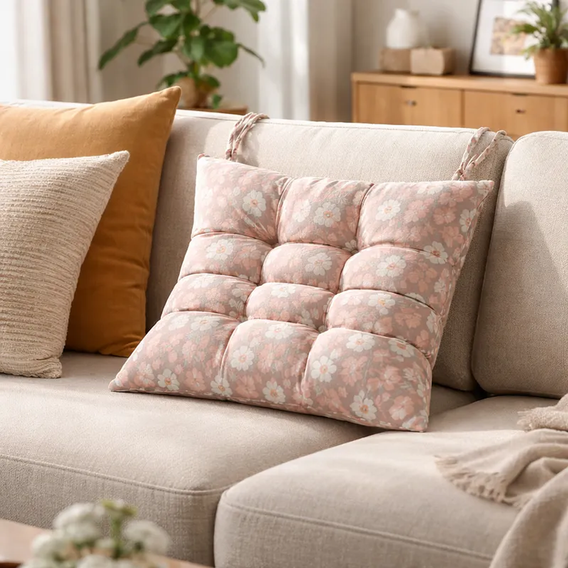Cojín para silla acolchado Floreado 40x40 cm con amarras 3