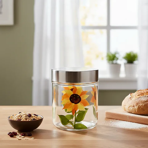 Frasco de Vidrio 700ml Tapa Acero Diseño Girasol