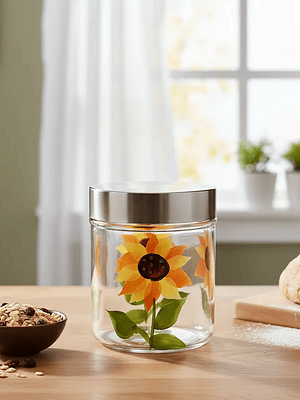 Frasco de Vidrio 700ml Tapa Acero Diseño Girasol