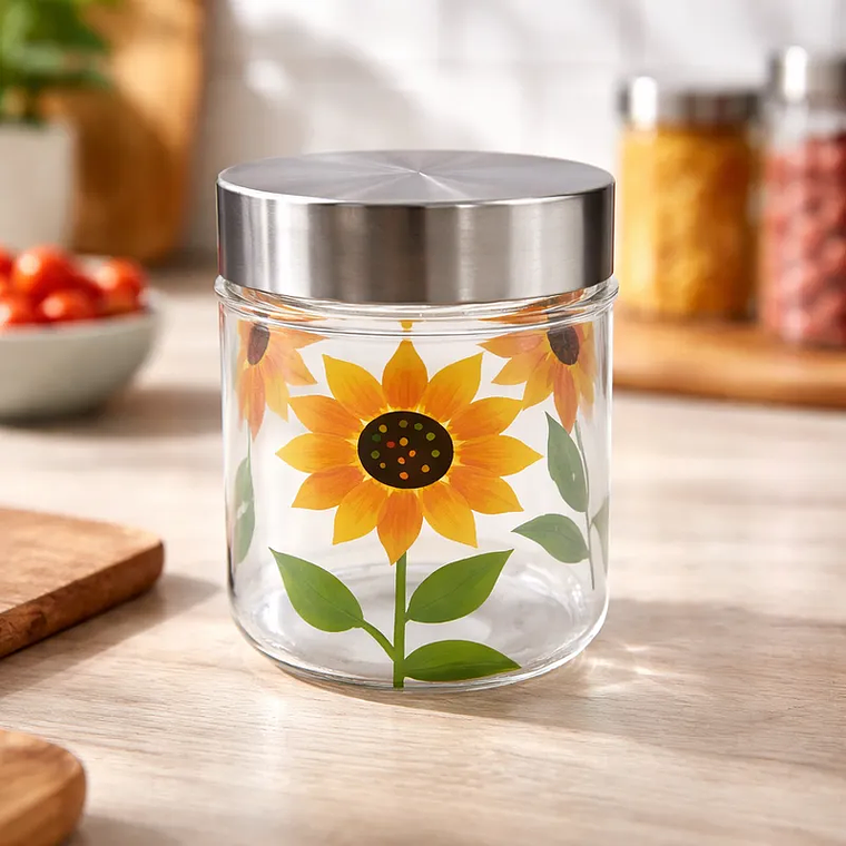 Frasco de Vidrio 700ml Tapa Acero Diseño Girasol 3