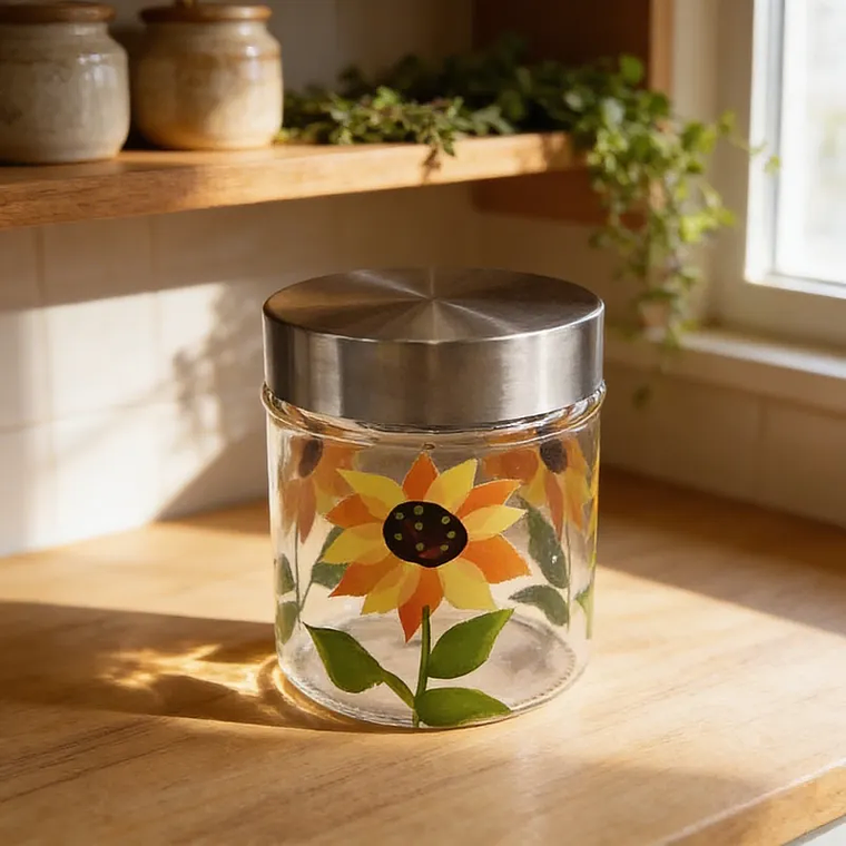 Frasco de Vidrio 700ml Tapa Acero Diseño Girasol 5