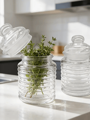 Frasco de vidrio acanalado 280ml con tapa