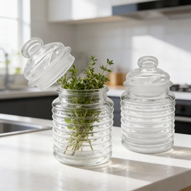 Frasco de vidrio acanalado 280ml con tapa 2