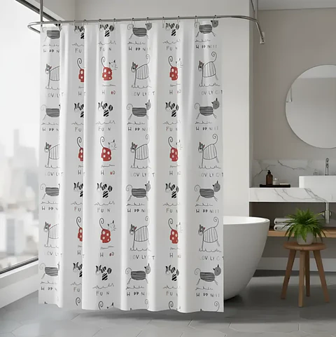 Cortina De Baño Peva 180x180cm Diseño Gatos Con Ganchos