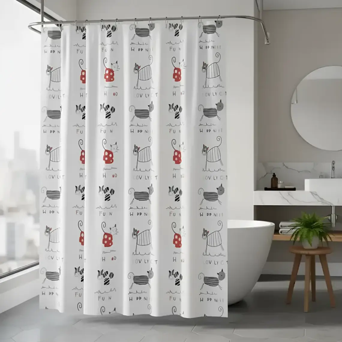 Cortina De Baño Peva 180x180cm Diseño Gatos Con Ganchos 1