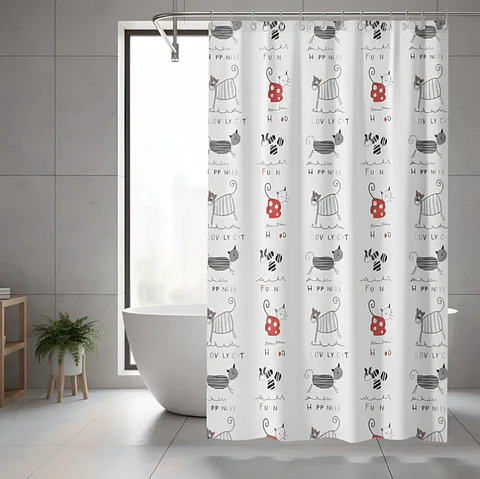 Cortina De Baño Peva 180x180cm Diseño Gatos Con Ganchos
