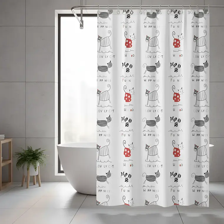 Cortina De Baño Peva 180x180cm Diseño Gatos Con Ganchos 2