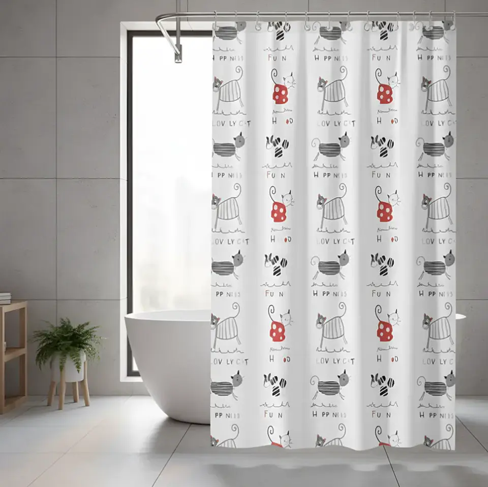 Cortina De Baño Peva 180x180cm Diseño Gatos Con Ganchos 2
