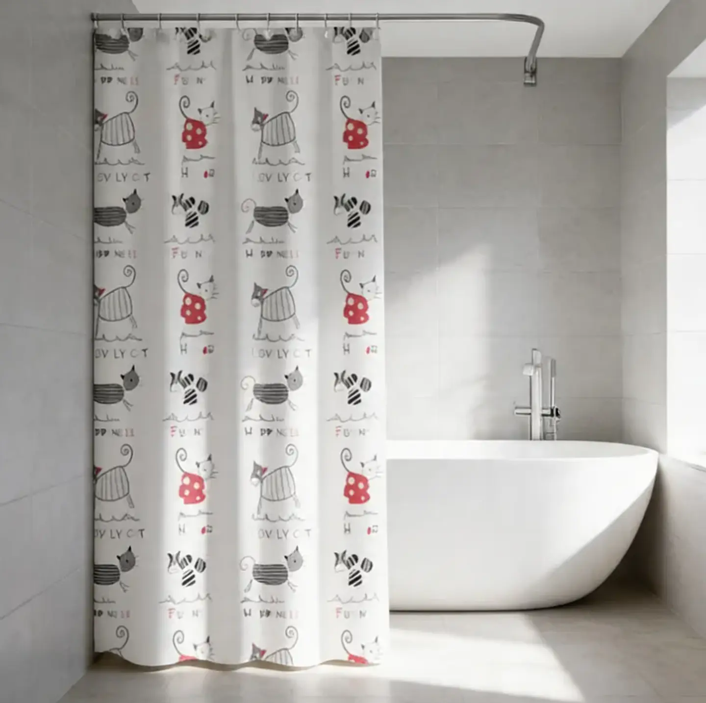 Cortina De Baño Peva 180x180cm Diseño Gatos Con Ganchos 3