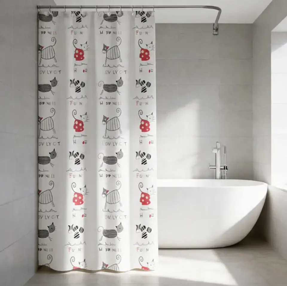 Cortina De Baño Peva 180x180cm Diseño Gatos Con Ganchos 3
