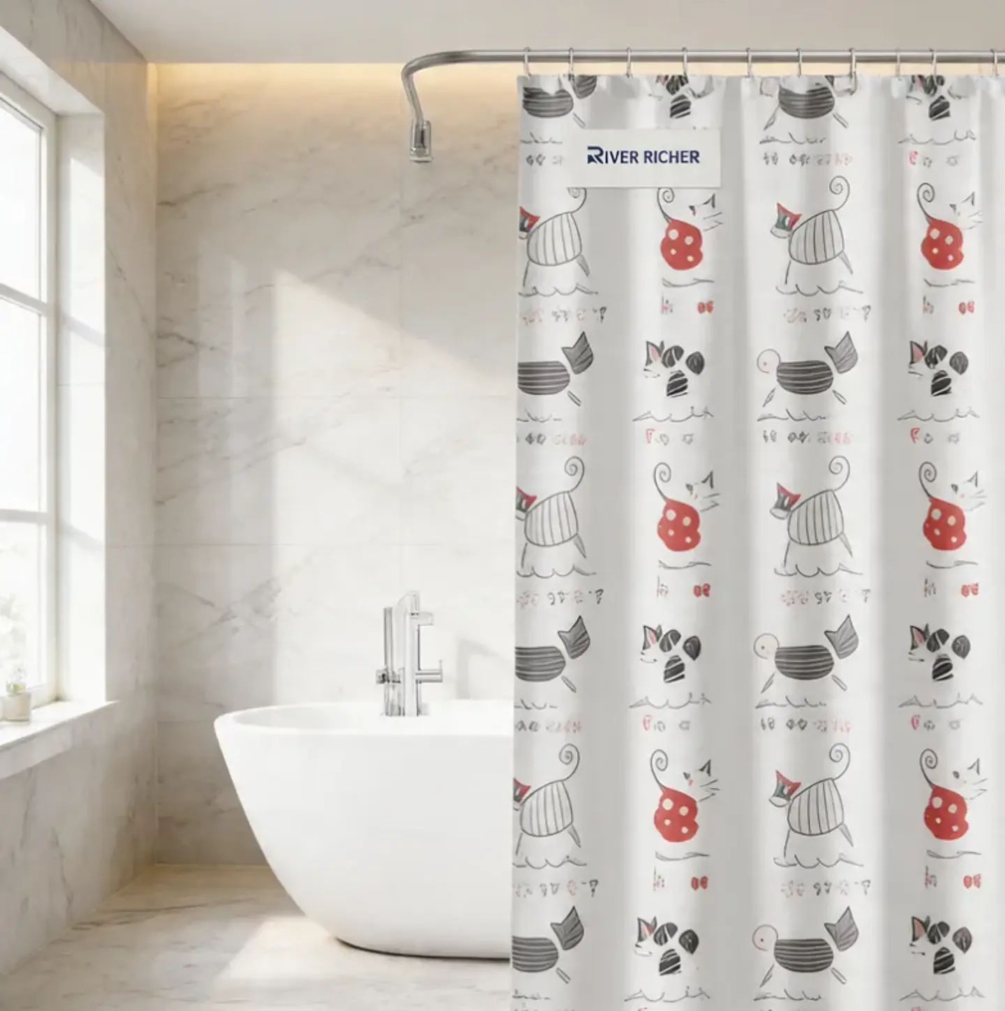 Cortina De Baño Peva 180x180cm Diseño Gatos Con Ganchos 4