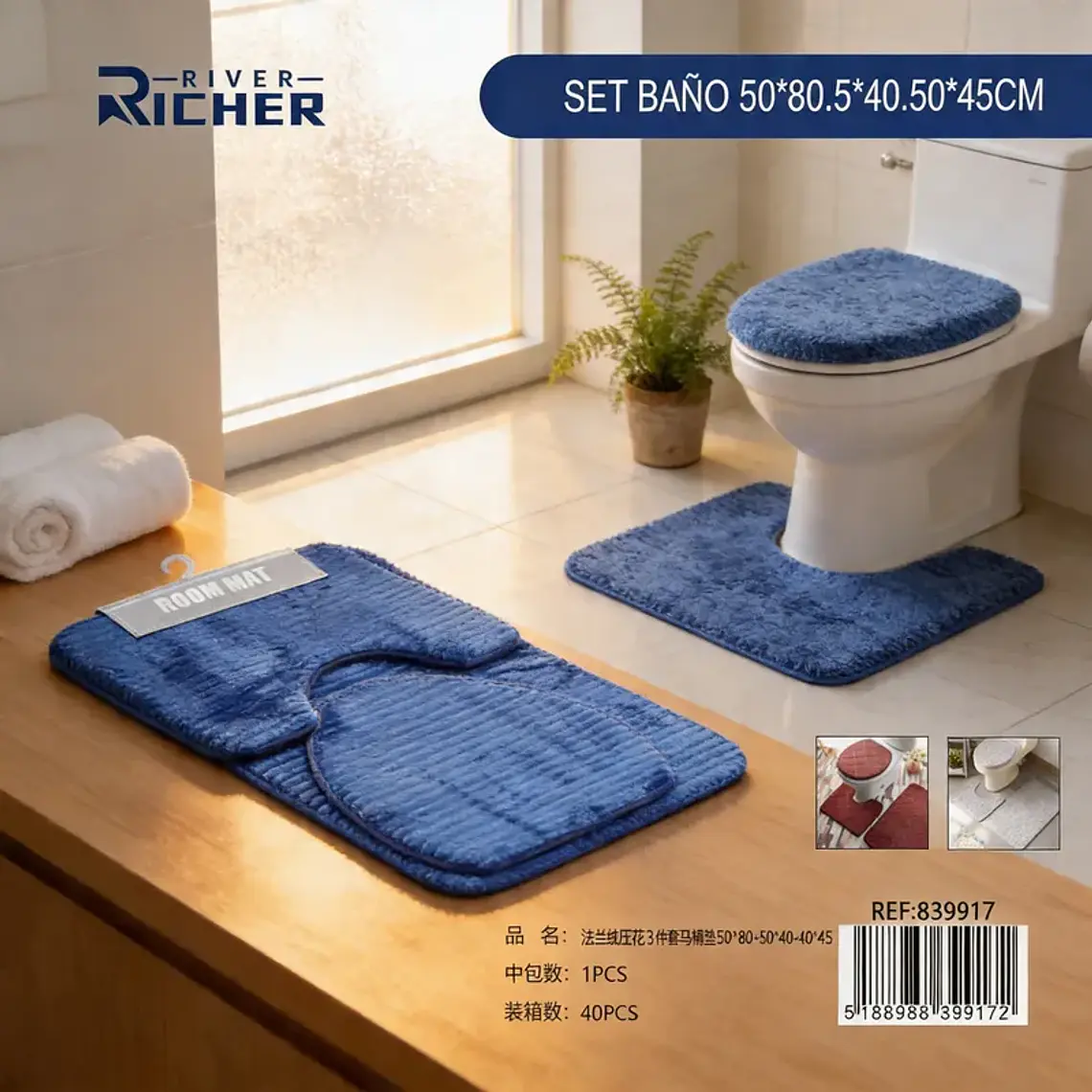 Set Baño 3 Piezas Alfombra Antideslizante 50x80cm 1