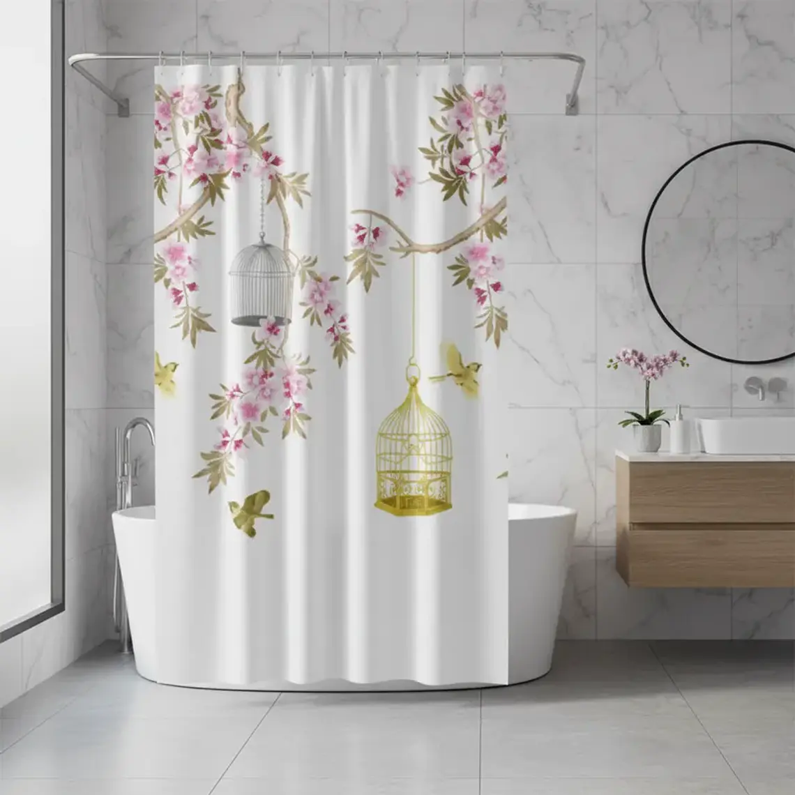 Cortina De Ducha Con Estampado Jaula De Pájaros 180x180cm 1