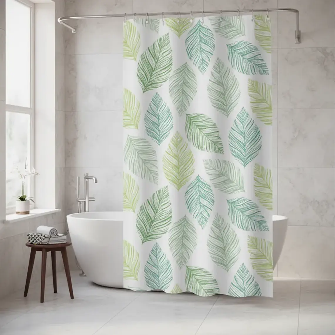 Cortina de Baño PEVA 180x180cm Diseño Hojas con Ganchos 1