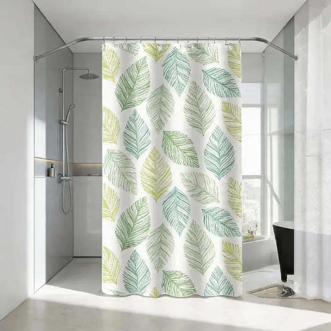 Cortina de Baño PEVA 180x180cm Diseño Hojas con Ganchos 2