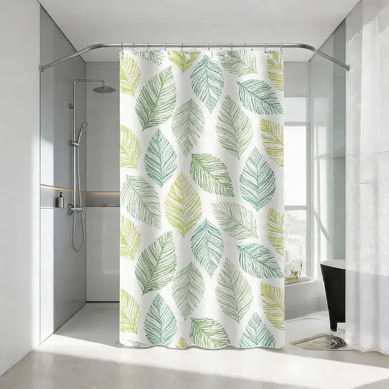 Cortina de Baño PEVA 180x180cm Diseño Hojas con Ganchos 2