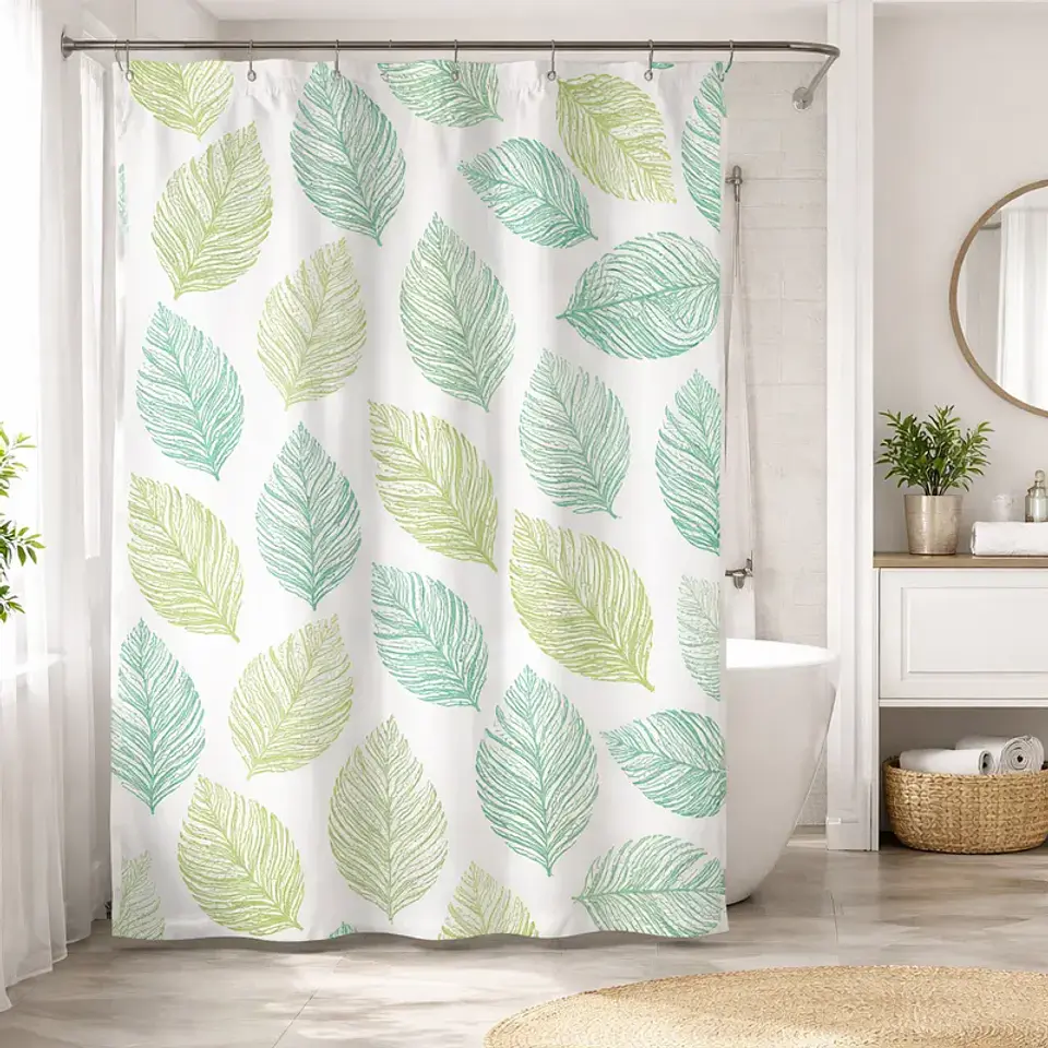 Cortina de Baño PEVA 180x180cm Diseño Hojas con Ganchos 3