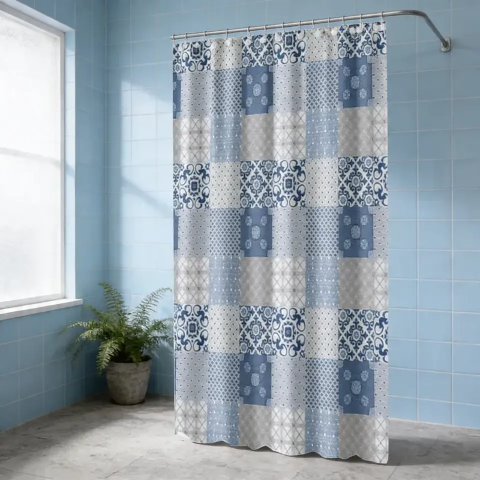 Cortina de Baño Patchwork Azul y Gris 180x180 cm 1