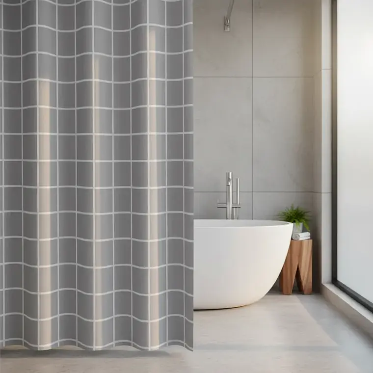Cortina de Baño Cuadriculada Gris 180x180 cm con Ganchos 1
