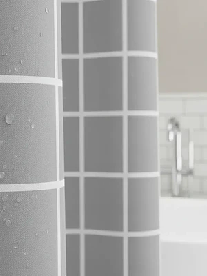 Cortina de Baño Cuadriculada Gris 180x180 cm con Ganchos