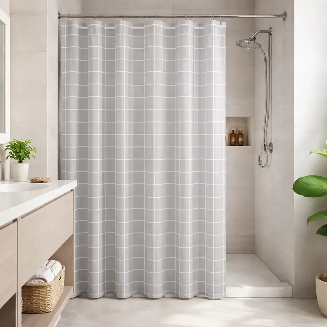 Cortina de Baño Cuadriculada Gris 180x180 cm con Ganchos 3