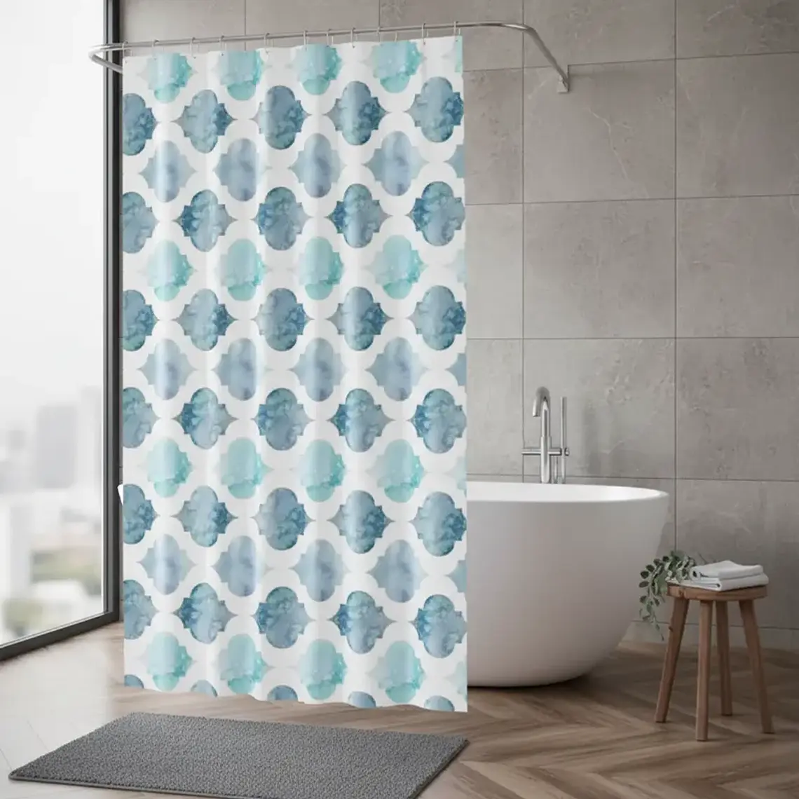 Cortina de Baño Diseño Marroquí Acuarela Azul 180x180 cm 2