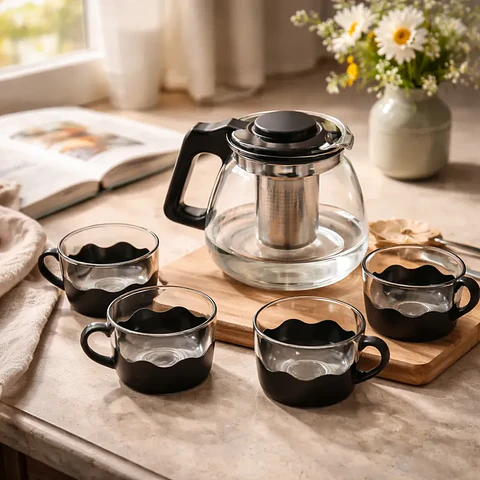 Set Tetera de Vidrio con Infusor y 4 Tazas 5 Piezas