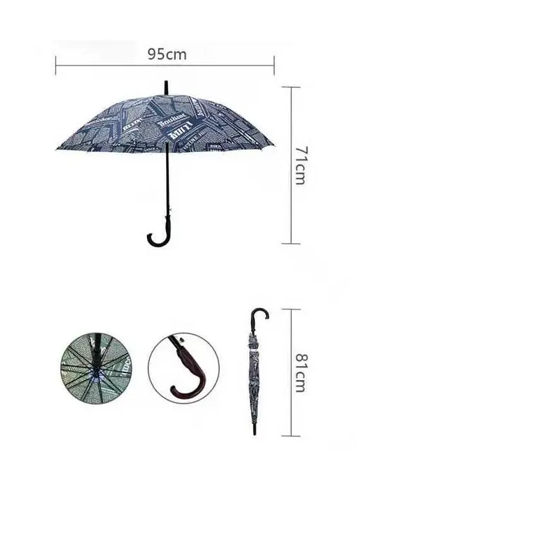 Paraguas Largo Diseño Periódico Vintage Con Mango Curvo 3