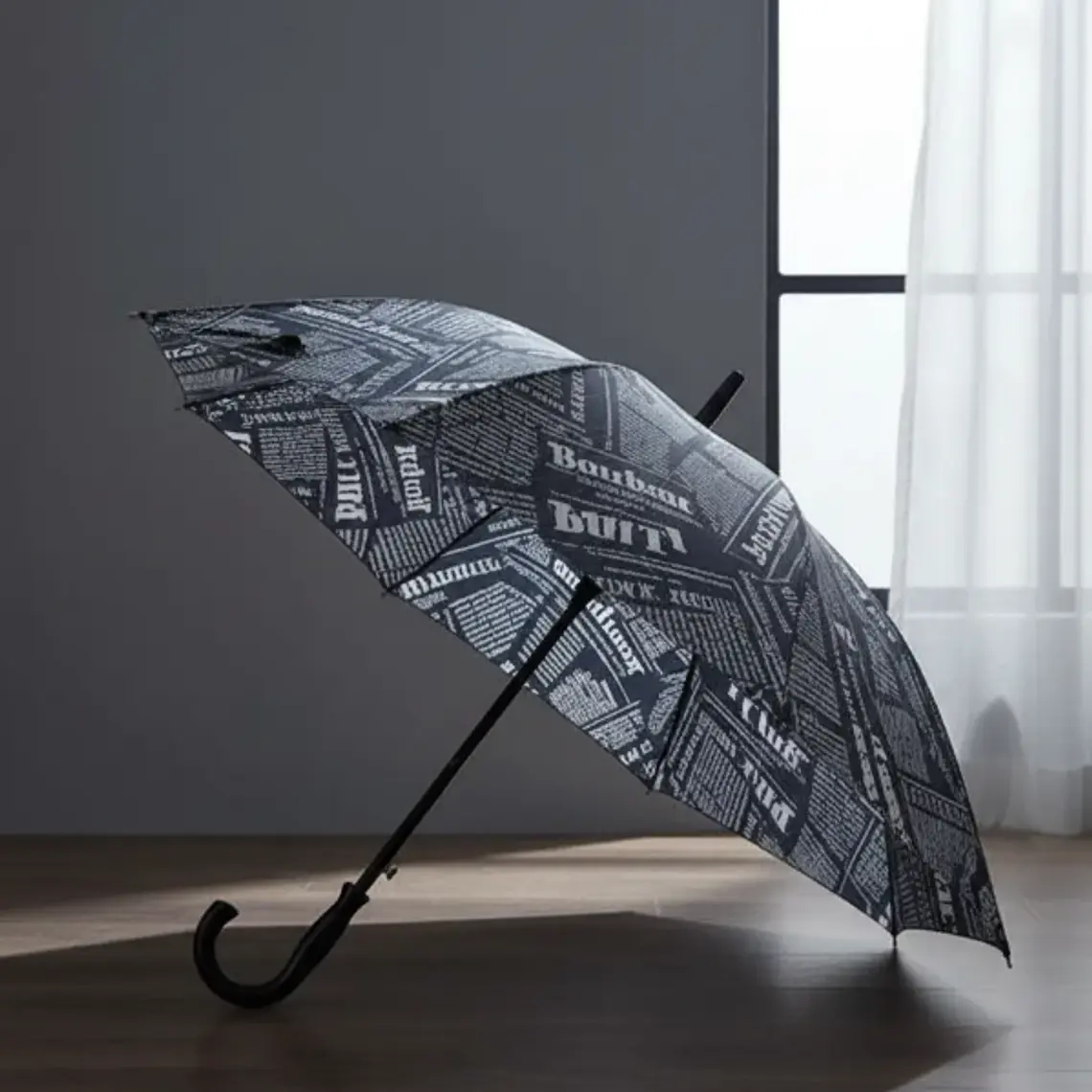 Paraguas Largo Diseño Periódico Vintage Con Mango Curvo 1