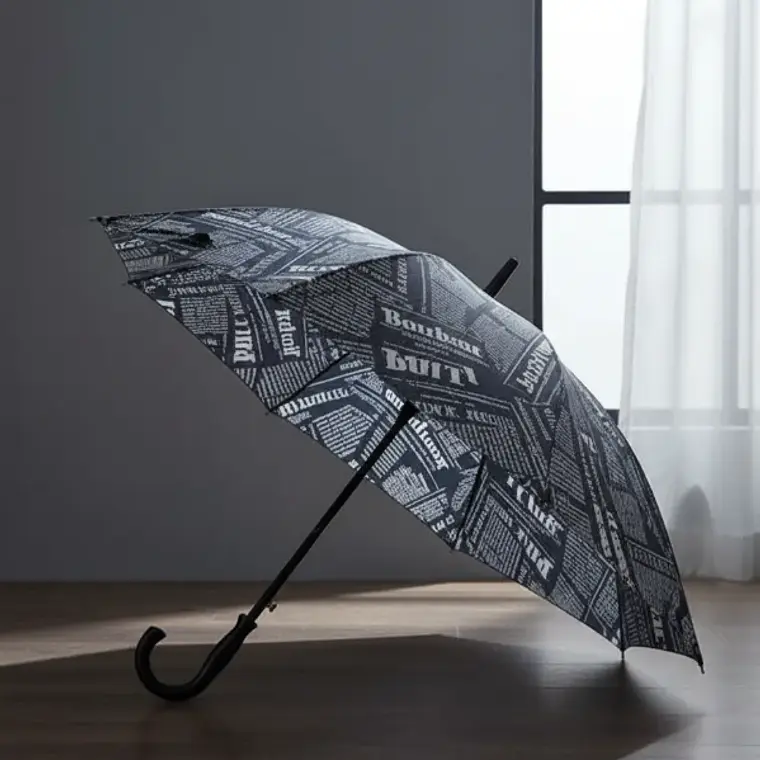 Paraguas Largo Diseño Periódico Vintage Con Mango Curvo 1